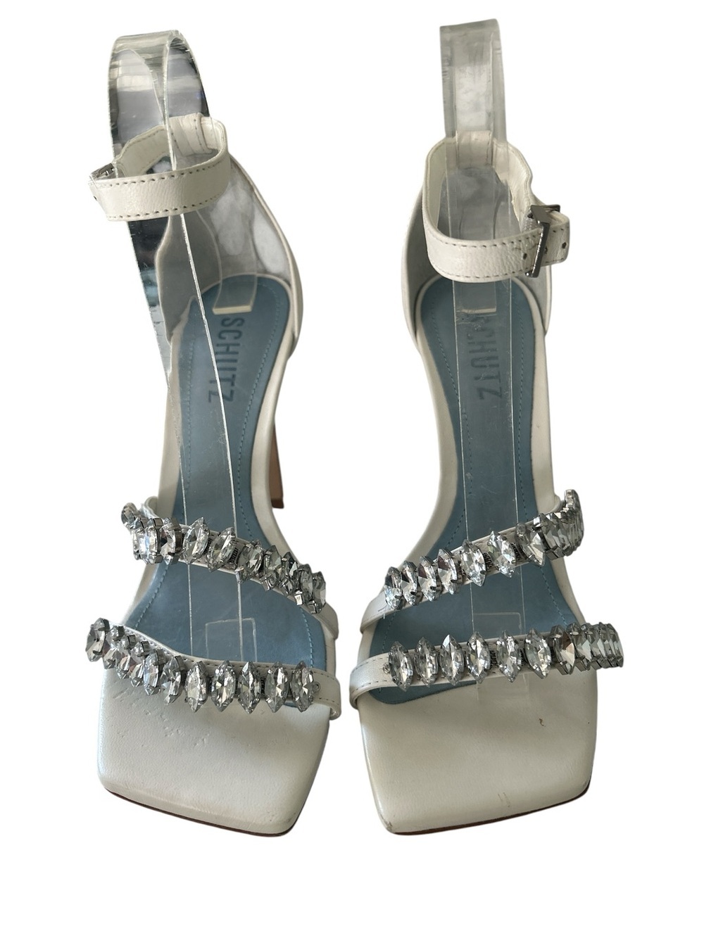SCHUTZ Linsey White Leather Rhinestone Ankle Strap High Heel Stiletto Sandals 7 - Picture 6 of 13